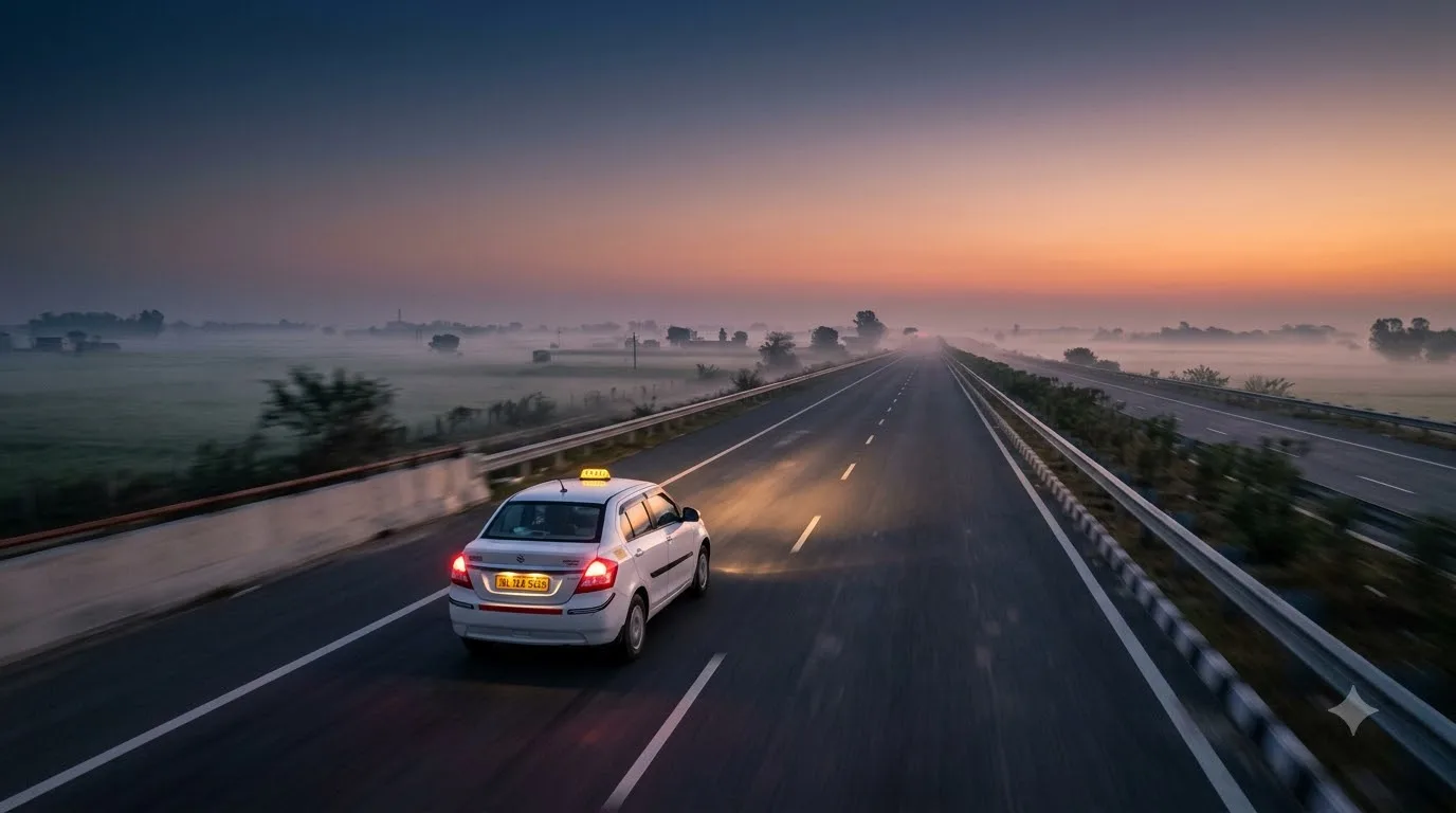 Airport taxi on an Indian expressway at dawn