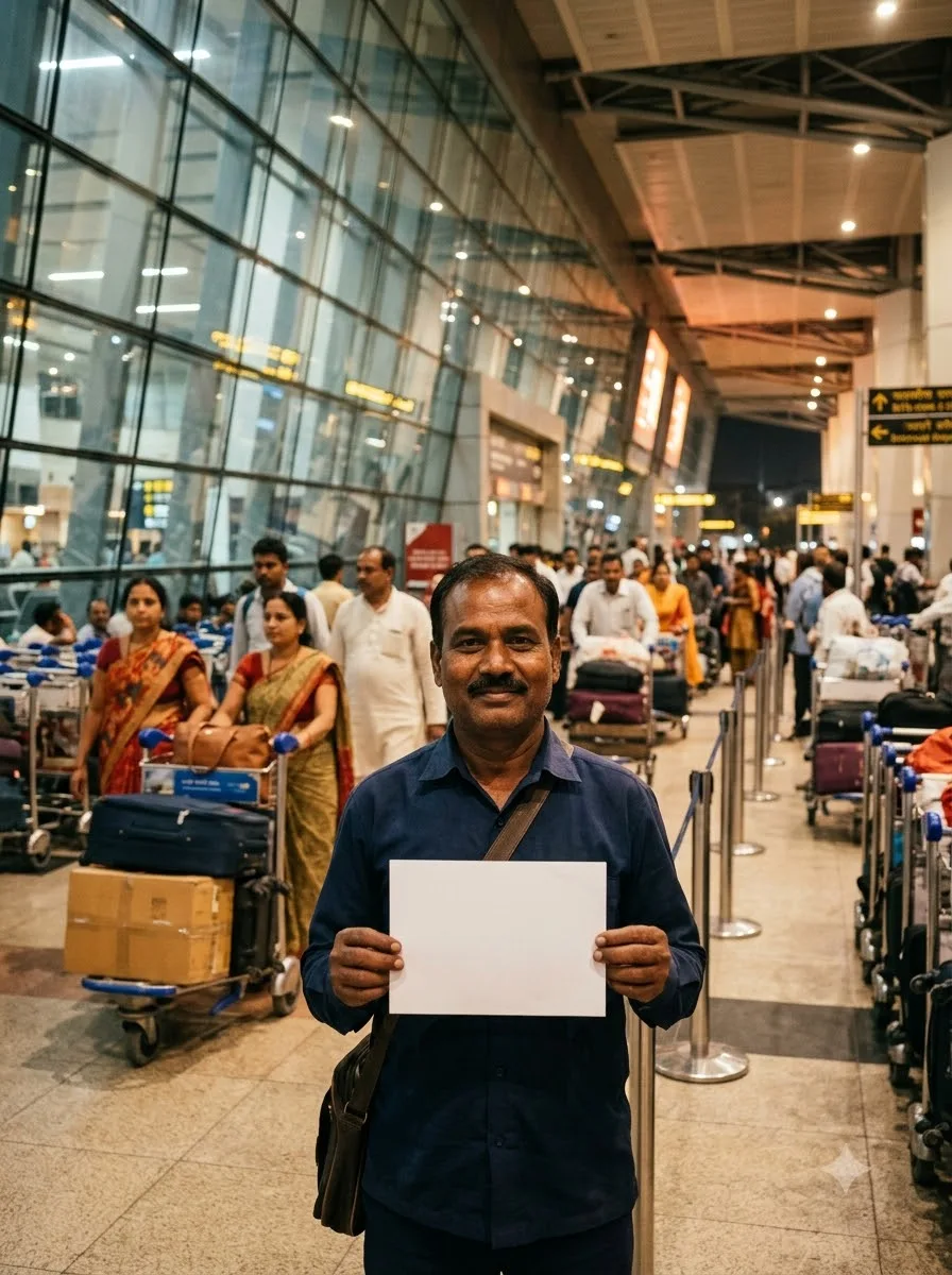 Airport cab driver waiting at an Indian arrivals gate
