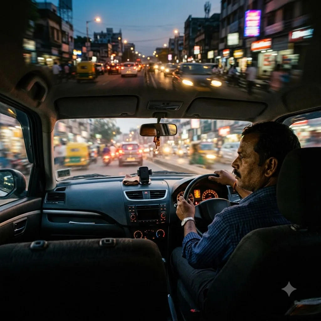 Inside an airport taxi at dusk with the driver at the wheel