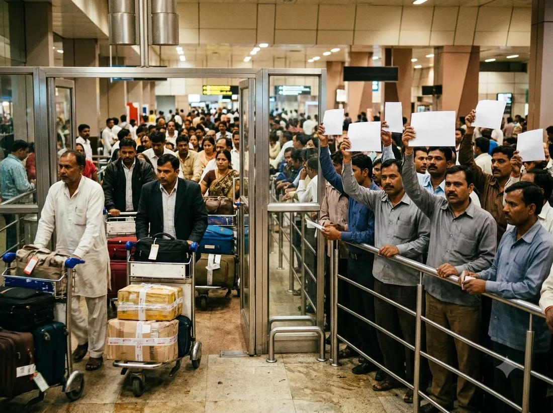 Busy arrivals gate at Delhi airport with taxi drivers waiting