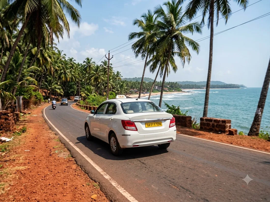 Airport taxi on a coastal road in Goa
