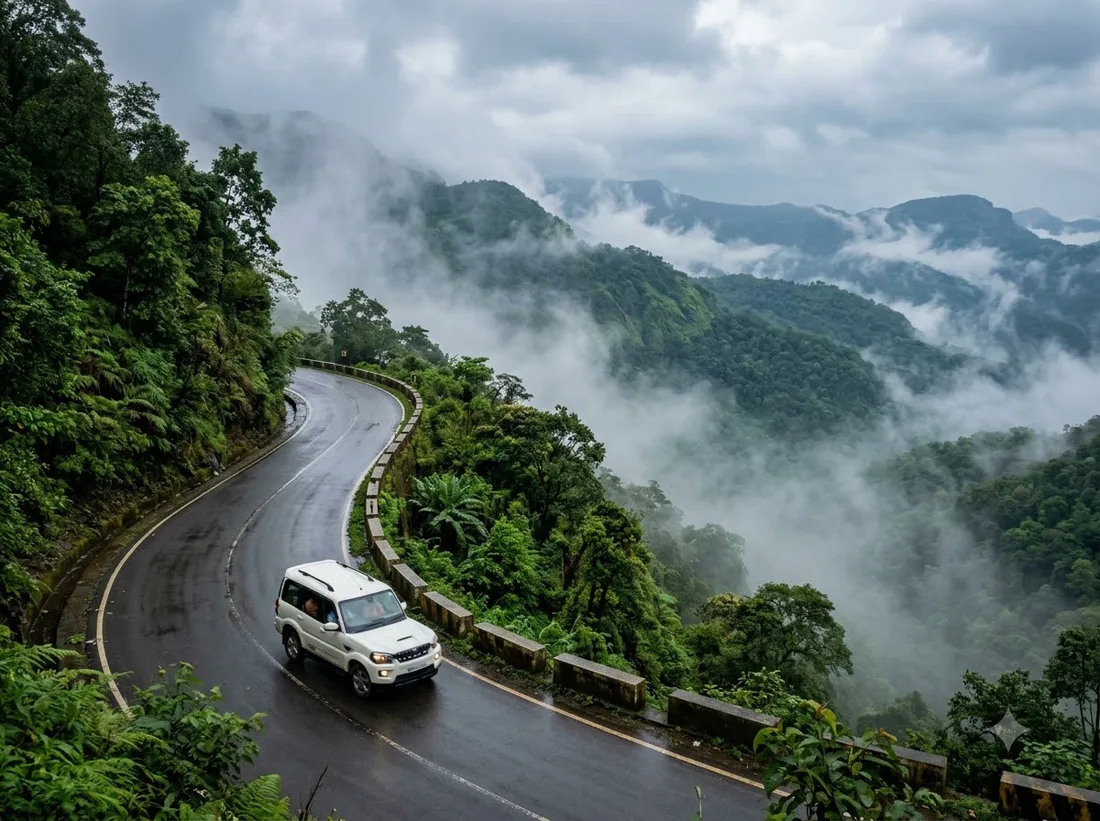 Airport cab on a hill route to Munnar in Kerala