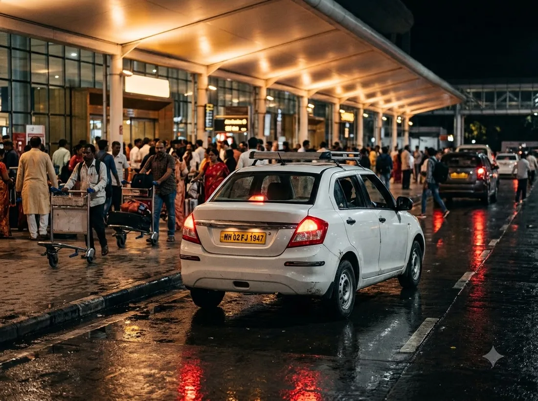 Airport taxi at Mumbai airport terminal 2 at night