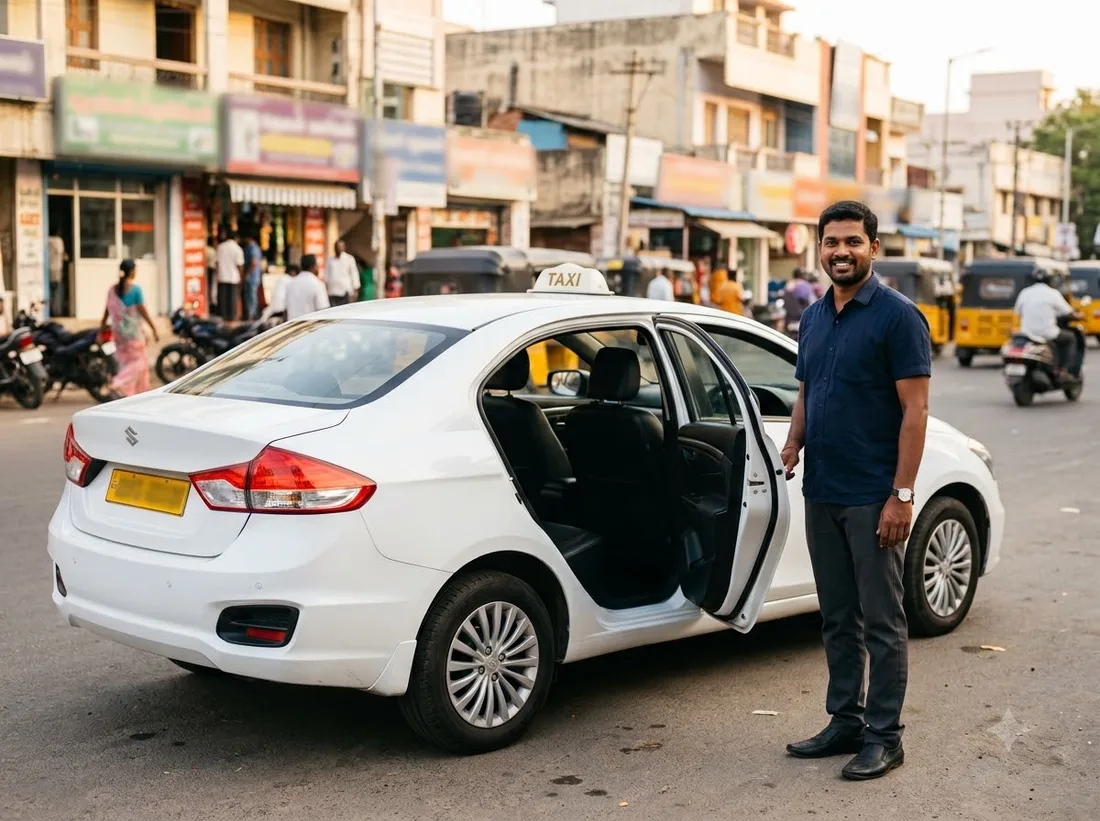 Verified airport cab driver opening the door of a clean white taxi