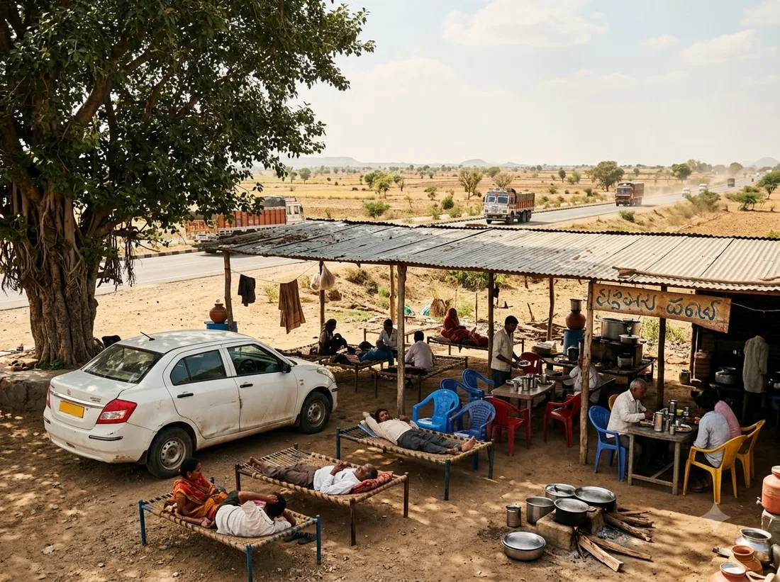 Airport taxi parked at a highway dhaba on a long outstation transfer