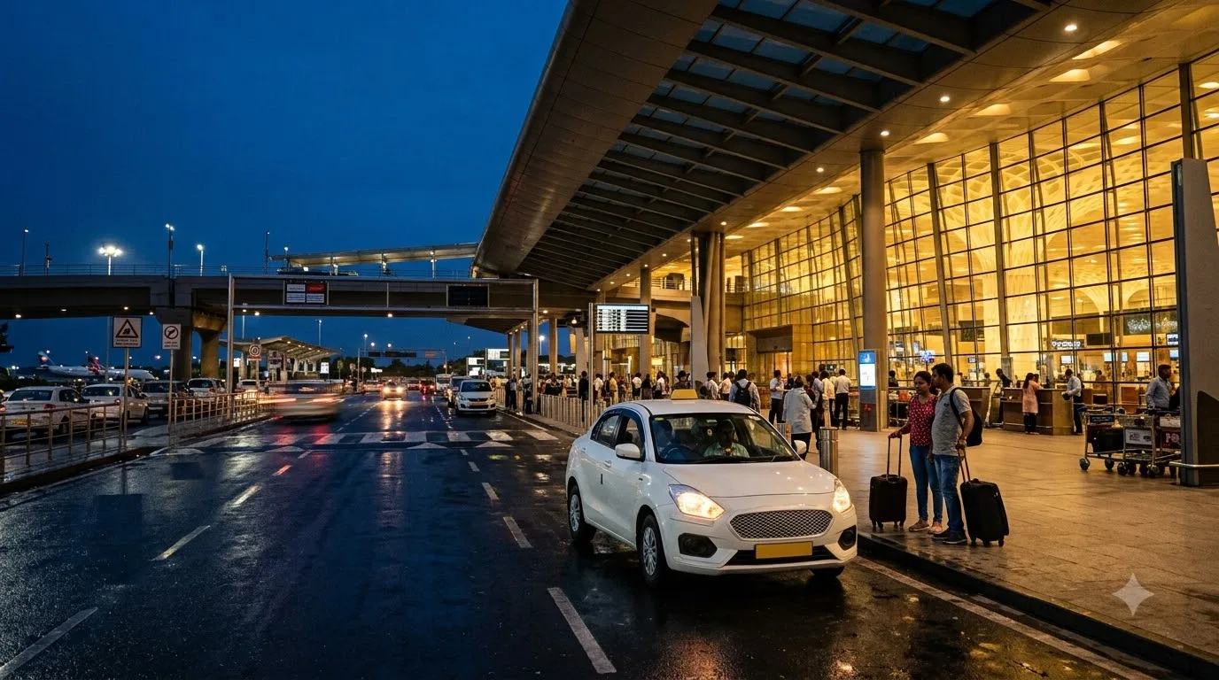 Airport taxi waiting outside an Indian airport terminal at night