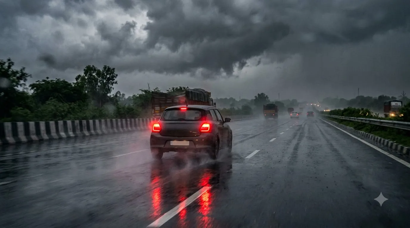 Airport cab on the Mumbai Pune expressway during monsoon rain