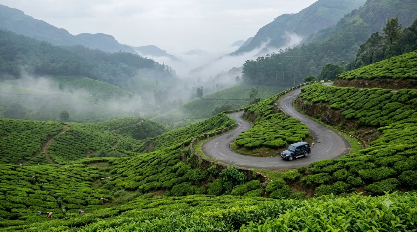Airport cab on a hill road, suitable for long outstation transfers