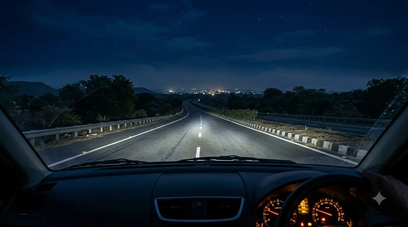Airport cab driving on an Indian highway at night